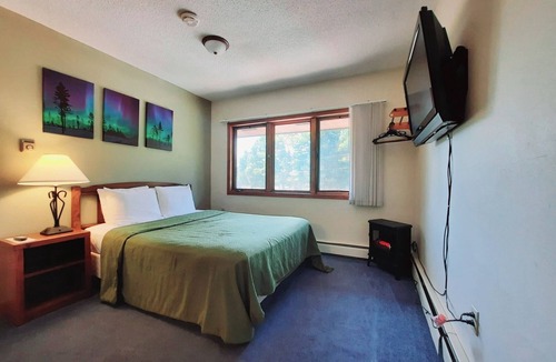 Ironwood Cabin | Unique Northern Lights Themed Guestroom inside the Lodge at North Ironwood Acres for up to Four people. 2 Queens, 2 Bathrooms. Dog Friendly resort!